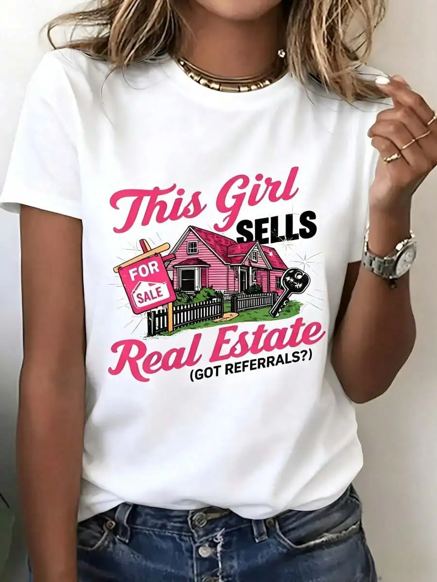 Women's Realtor Graphic Tee Pink House And Sign Print Breathable Crew Neck Short Sleeve Casual Top Gift For Real Estate Agents Housewarming