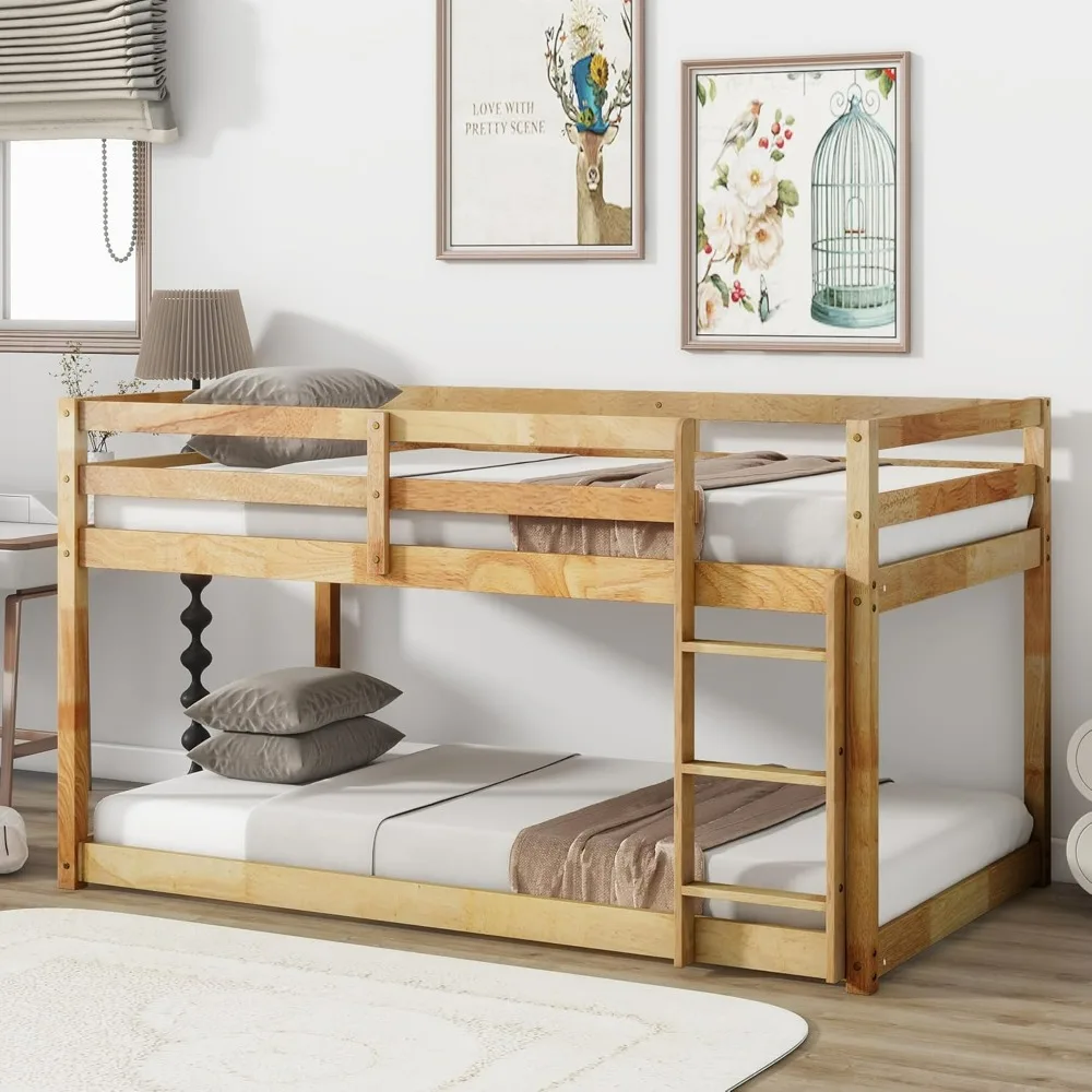 Bunk Bed Twin Over Twin, Wood Low Profile Floor Twin Bunk Beds with Ladder Guardrails for Kids Boys and Girls, No Box Spring