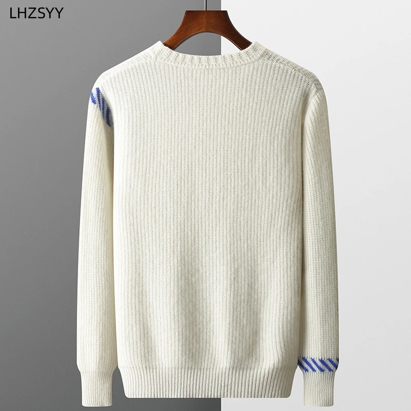 Lhzsyy-Suéter de caxemira bordado masculino, lã 100% pura, pulôveres espesso, tops grandes, camisa base quente casual, nova, inverno