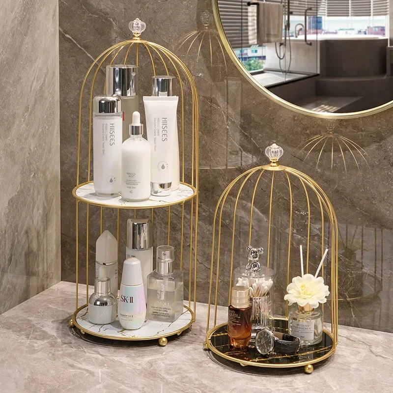 Bathroom Shelf Accessories Gift Metal Bird Cage Cosmetic Storage Organizer Lipstick Perfume Skin Care Products Finishing Rack