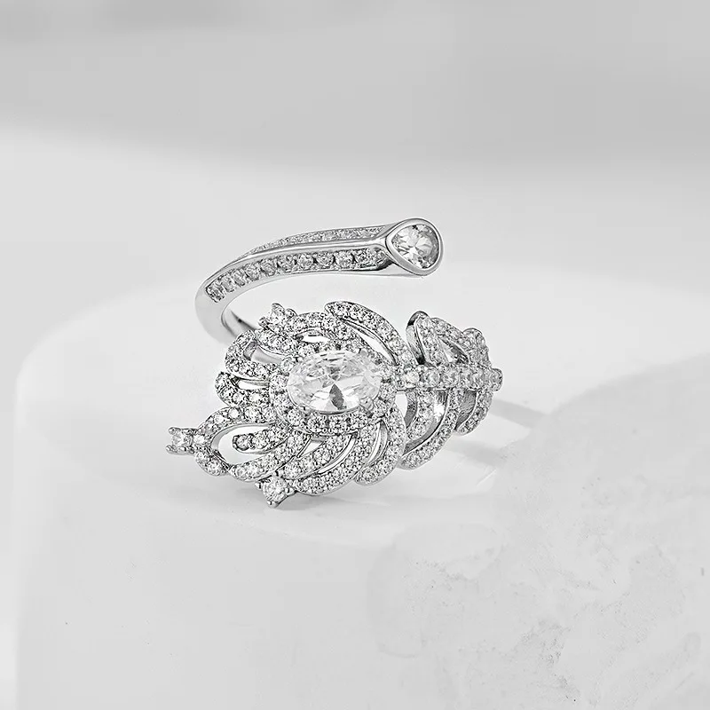 New S925 Silver Peacock Feather Full Diamond Open End Ring for Women's Niche Micro Inlay Open End Ring Wedding Jewelry