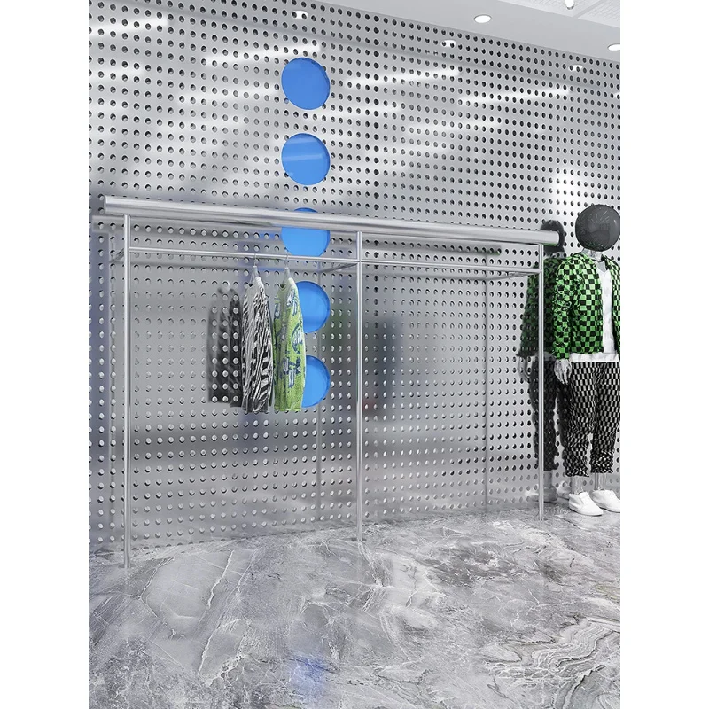 custom.Custom Boutique Modern Stainless Steel Silver Wall Mounted Garment Display Rack Shops with Luxury Shelving