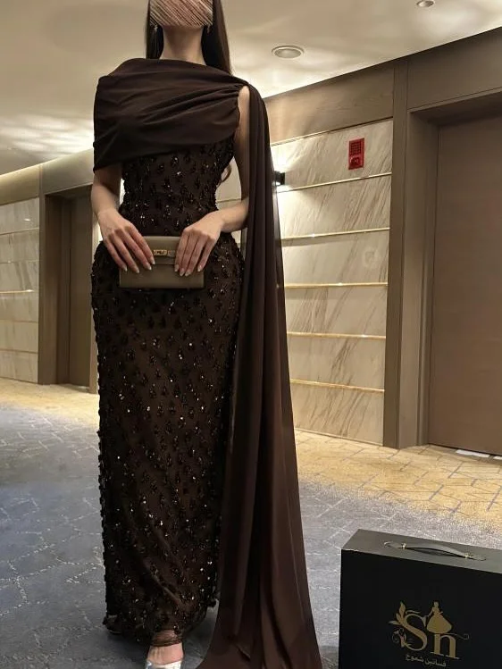 AsaNagi Customized Chocolate Brown One-Shoulder Capelet Sequin Prom Gowns Slim Fit Birthday Party Dresses Elegant Summer Dress image 2
