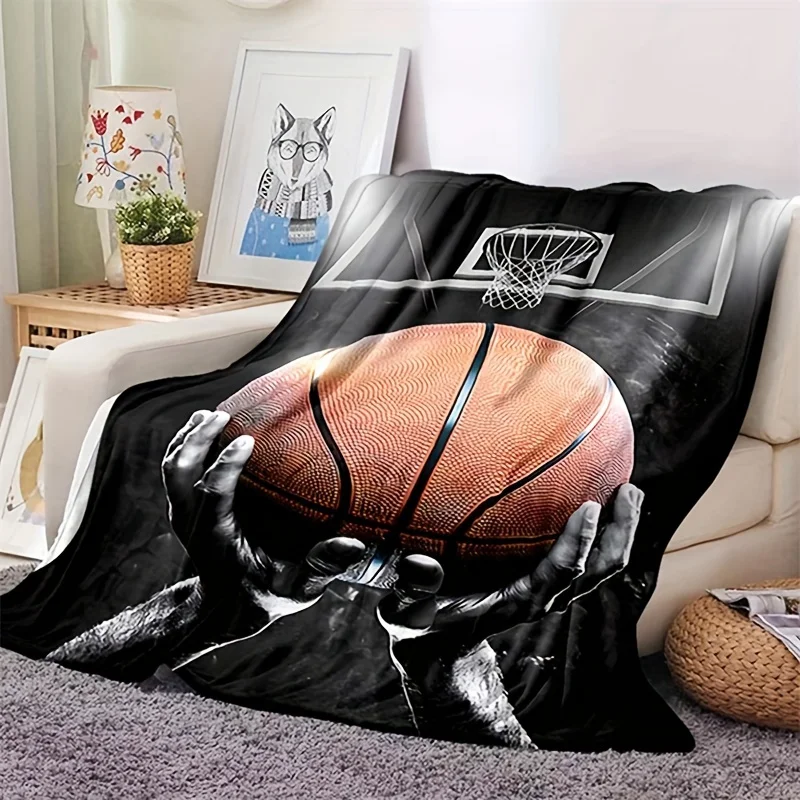 Basketball Sports Flannel Throw Blanket Hands Holding Basketball Hoop Print Soft Blanket for Sofa Bed Sport Fan Home Decor Gift