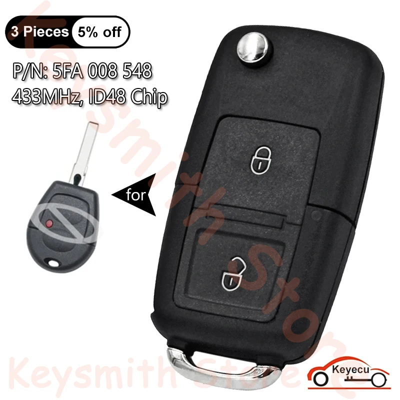 KEYECU 2 Buttons 433MHz ID48 Chip for Seat Ibiza Cordoba Arosa Leon 2002-2009 Auto Upgraded Flip Remote Key Fob P/N: 5FA 008 548