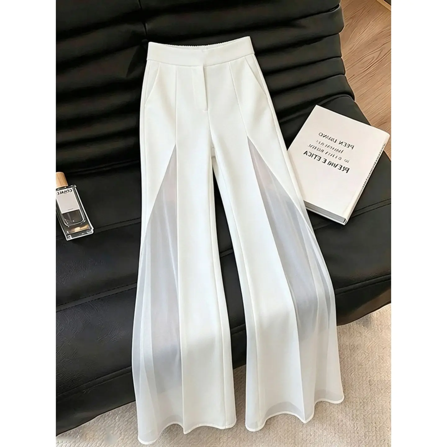 New Summer Chiffon Patchwork Flare Pants Women Summer Fashion Design High End Slim Solid Color Long Trousers Office Lady