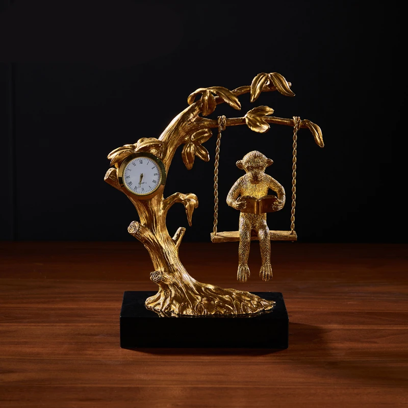 Modern Home Ornaments Creative Brass Clock Decorative Ornament with Tree Monkey for Home Office Interior Decoration