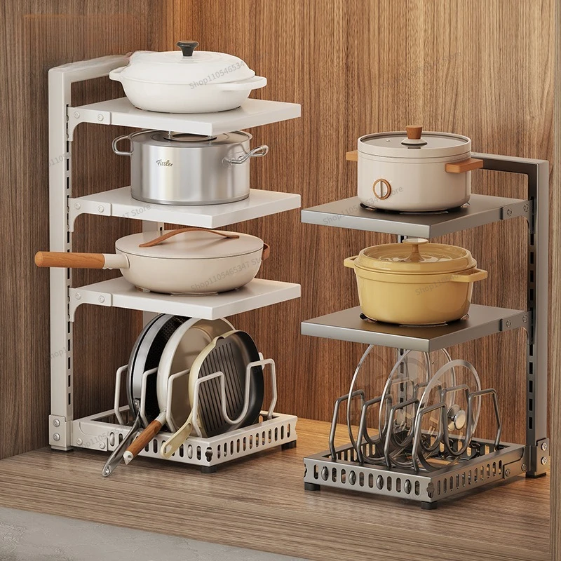 For Kitchen Pot Lid Storage Shelf Cabinet Supplies Shelf Retractable Layered  Under Sink