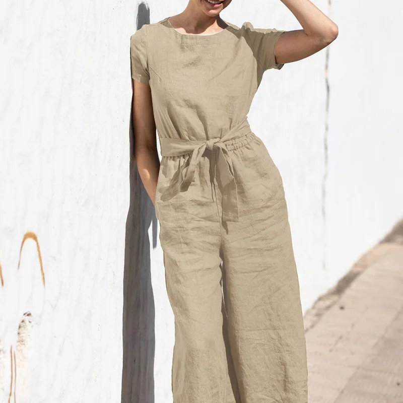 2024 Summer Cotton 3/4 Sleeve Rompers Casual Loose Tighten Waist Solid Work Long Playsuit Elegant Women Jumpsuits Retro Overalls