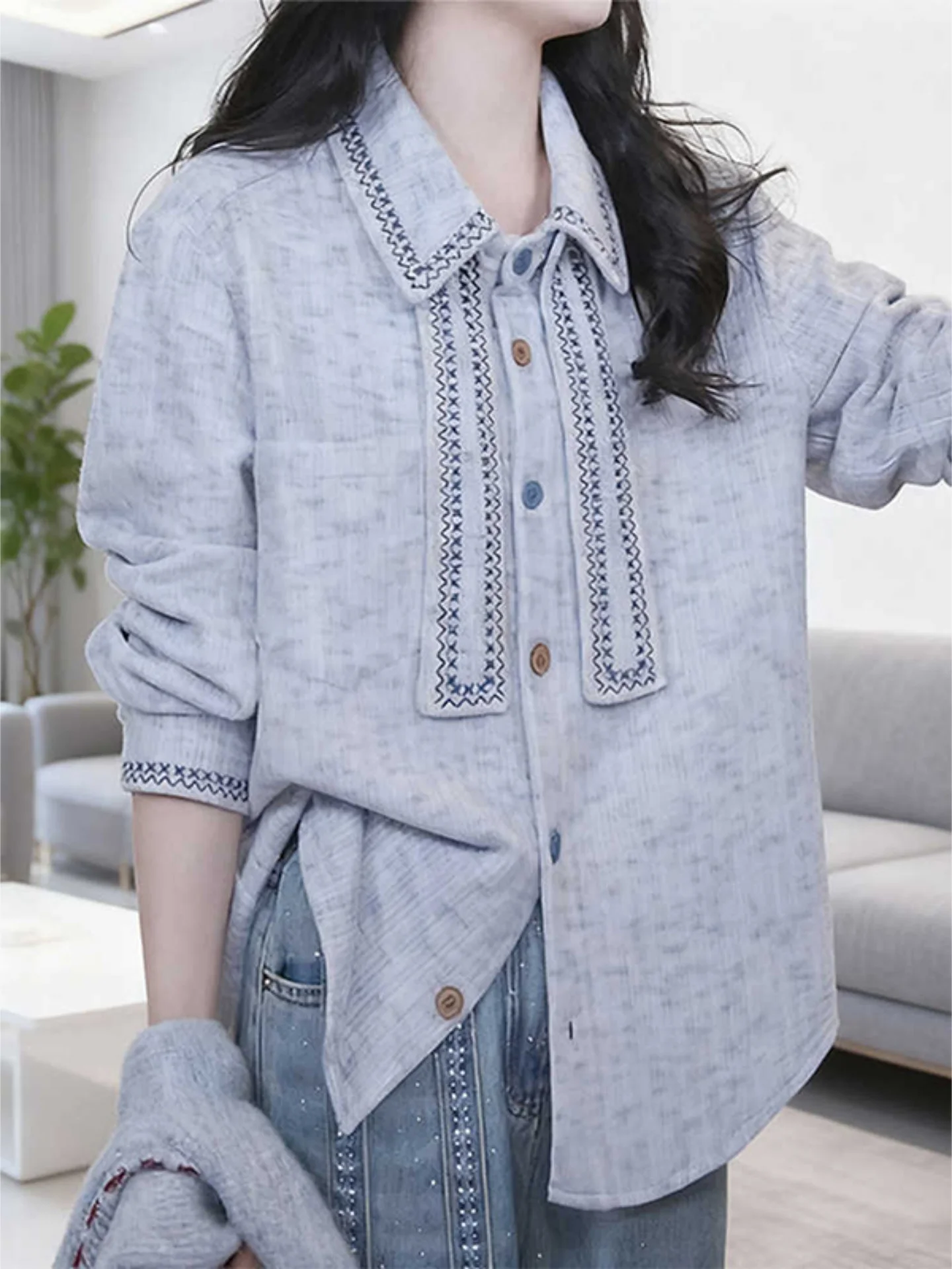 

Trendy Collar Loose Women's irt Korean Sle Long Sve Slimming Color Casual Top Faionable And Attractive