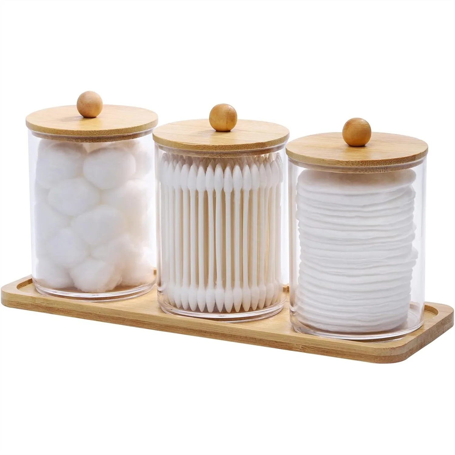 

Cotton Swab Ball Pad Holder with Vanity Tray, 3 Pack Clear Apothecary Jar with Wood Lids for Bathroom Storage