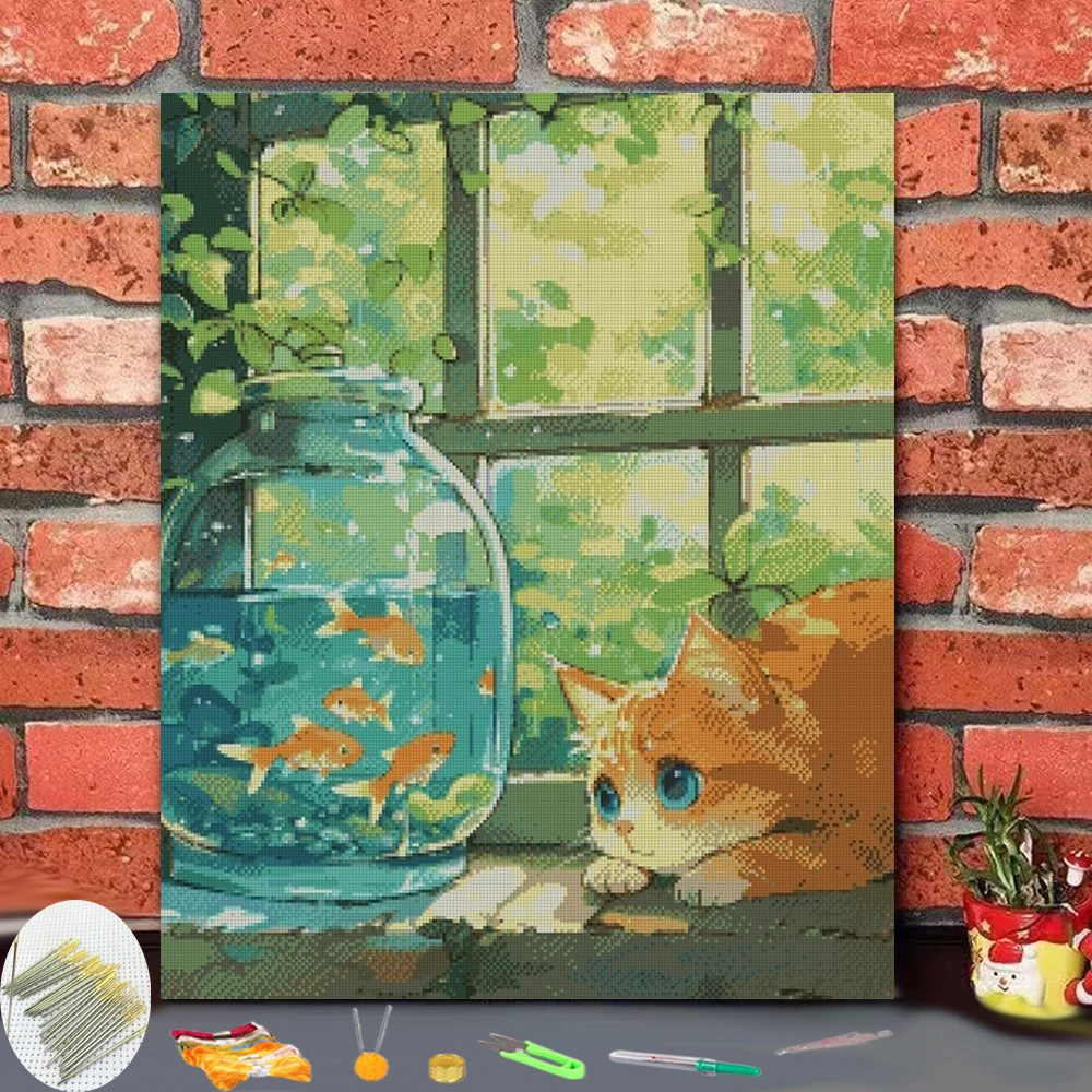 Cross Stitch Embroidery  Cat watching goldfish on the windowsill Art Style Thread Chart DIY Needlework Kit Count Print on Can