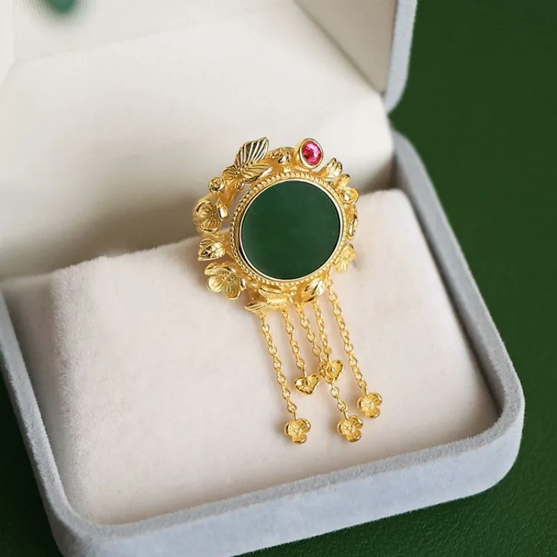 Classical Court style tassels natural Hotan Jasper jade rings for women antique gold craftsmanship high-end art jewelry