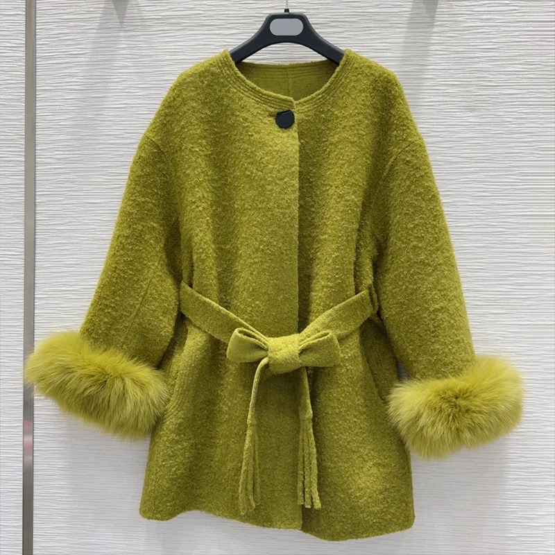 고품질 양면 캐시미어 여성 레이스업 밍크 퍼 커프 울 코트, 중간에서 긴 스타일 여성 의류 25121712