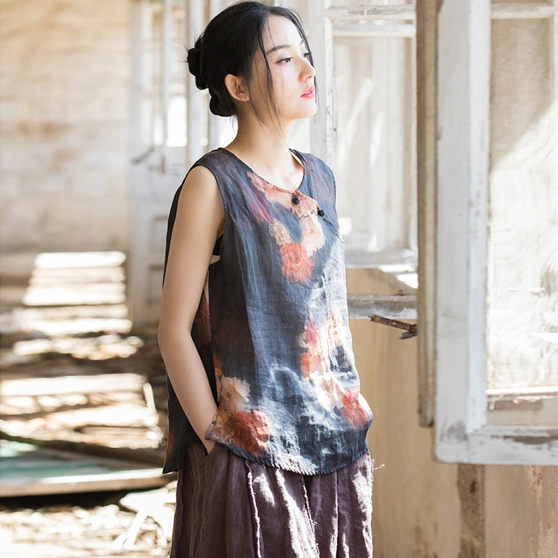 

100% женский жилет Ramie, Новое поступление лета 2024, модные свободные повседневные топы с круглым вырезом и цифровой печатью T362