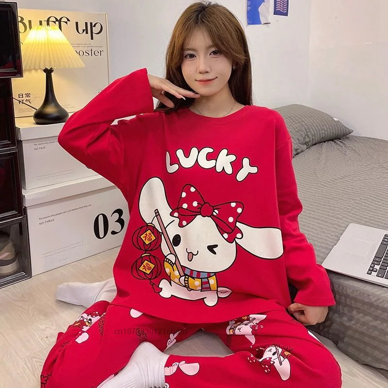 Sanrio Hello Kitty New Fashion Red Pajamas Suit Long Sleeve Cotton Top Shirts Pants 2 Piece Set For Women Y2k Cute Home Clothes