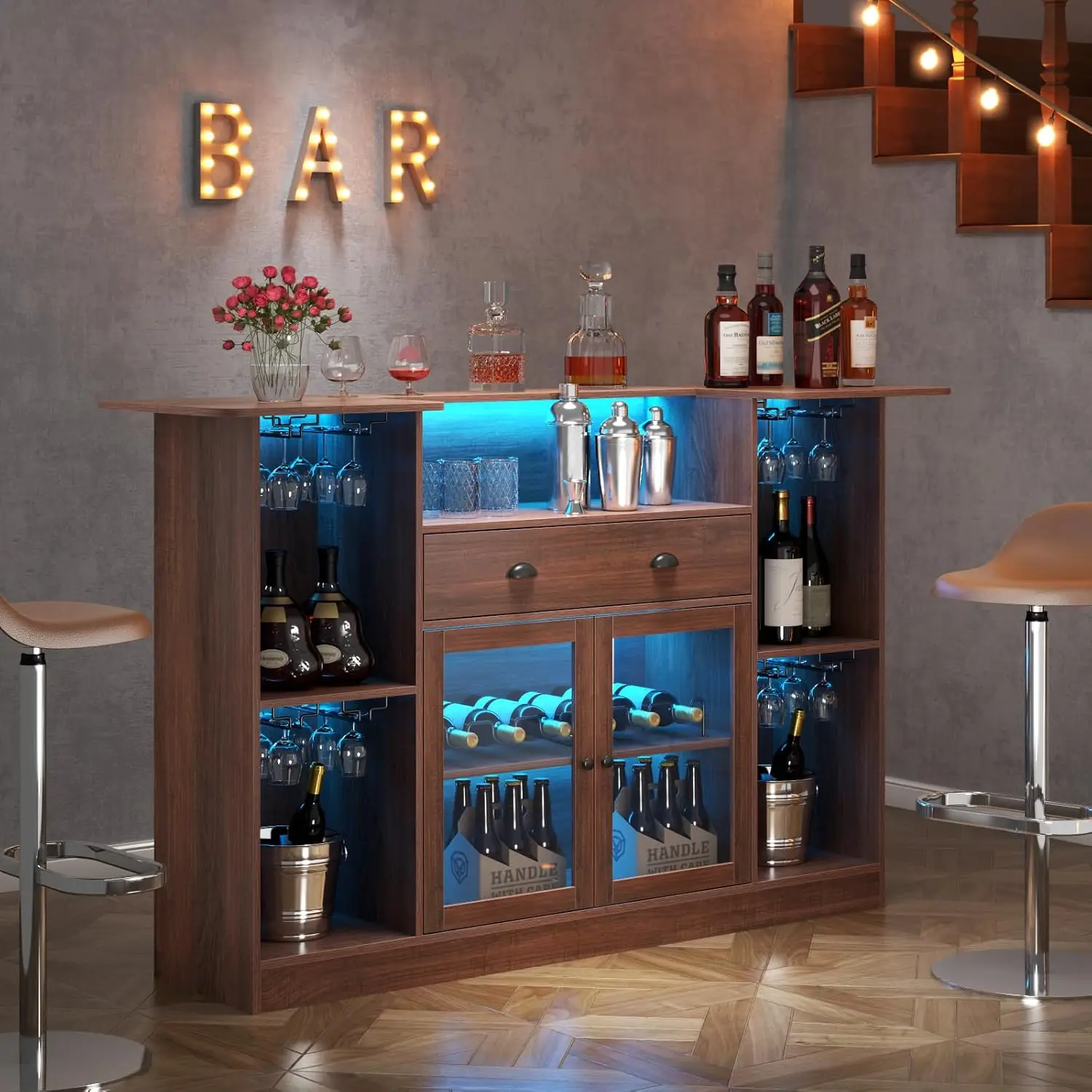 Mobile Bar con LED e Cassetto, Mini Bar con 8 Ripiani e Portabicchieri, Supporto per Vino e Alcolici, Personalizzabile