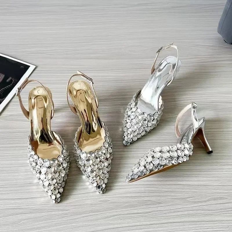 

Advanced Rhinestone Sandals for Women Hollowed Out High-heeled Mule Shoes Pointed Suspender Slippers for Women Zapatos De Mujer