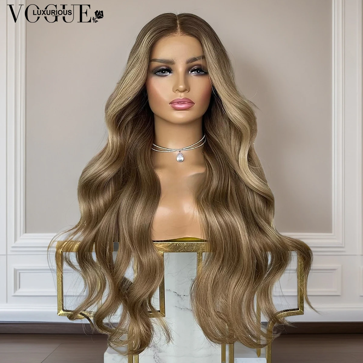 LUX VOGUE ضبابي مذهب بني Balayage اللون بيتشي موجة 100% شعر مستعار عذراء 260 كثافة قطعة المال تسليط الضوء على 13x6 ترقية الدانتيل #1