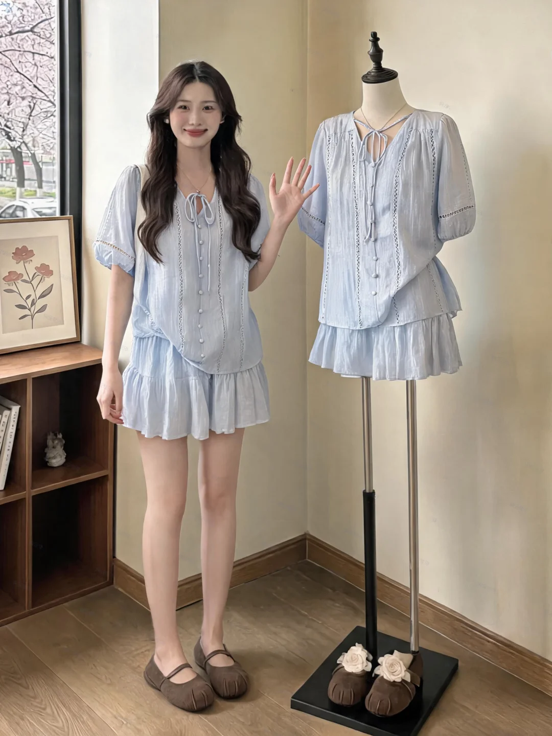 Slimming Effectiveness Large Size Women's Summer Outfit Short Sleeve V-Neck Shirt Shorts Skirt Set High Waist A-Line Dress