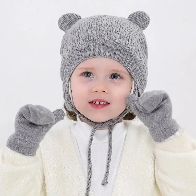 

2Pcs Baby Knit Gloves Hat Set Solid Color Autumn Winter Ear Protection Infant Toddler Beanie Cap for Girls Boys Cute Outdoor War