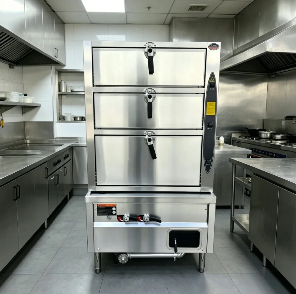 Commercial 3 Door Gas Seafood Steamer Cabinet Stainless Steel 3 Deck Steam Cabinet For Restaurant Hotel
