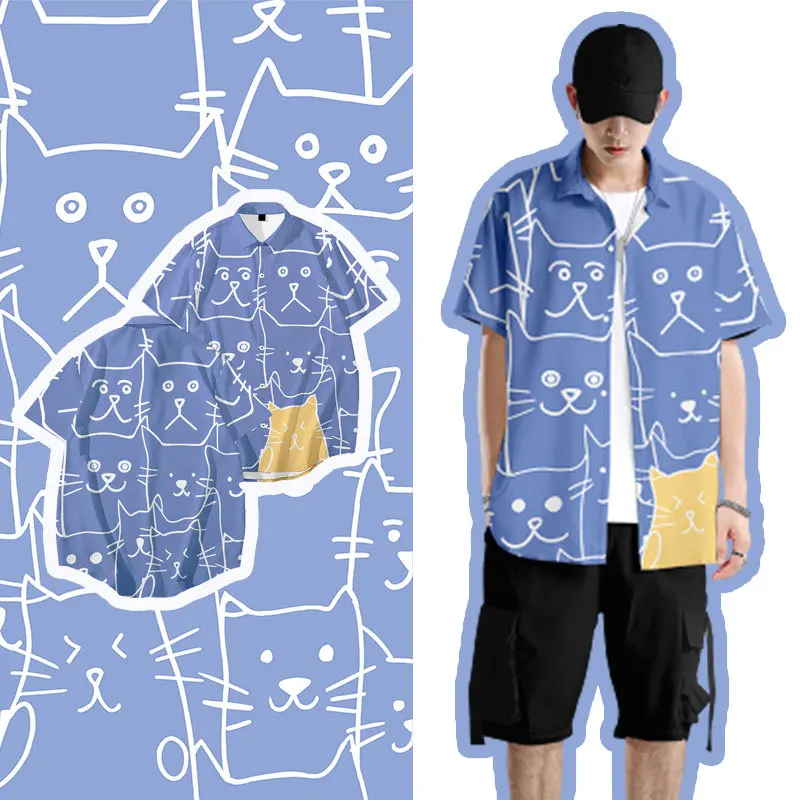 

Blue Cat Head Printed Shirt Summer Vacation Casual Short Sleeved Hawaiian Beach Top Men's Simple and Generous Shirt