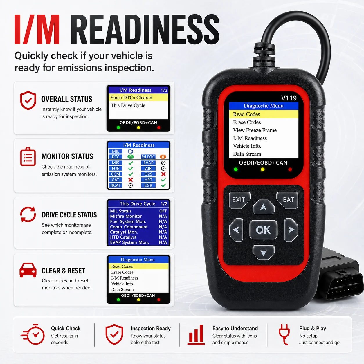 V119 OBD2 Car Diagnostic Scanner Read Clear Engine Fault Codes Live Data Battery Voltage Tester DTC Lookup I/M Readiness Tool
