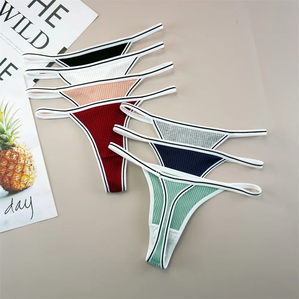 3ks/sada sexy jednobarevných dámských kalhotek s bavlněnými pruhy, sportovní tanga, měkké a pohodlné tangá, sexy kalhotky s T-backs - náhled 3