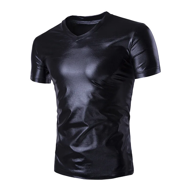 #4119 Summer Black Silver Gold Short Sleeve T Shirt Women V-neck Streetwear Tshirt V-neck Bright Surface Men Tshirt Night Club