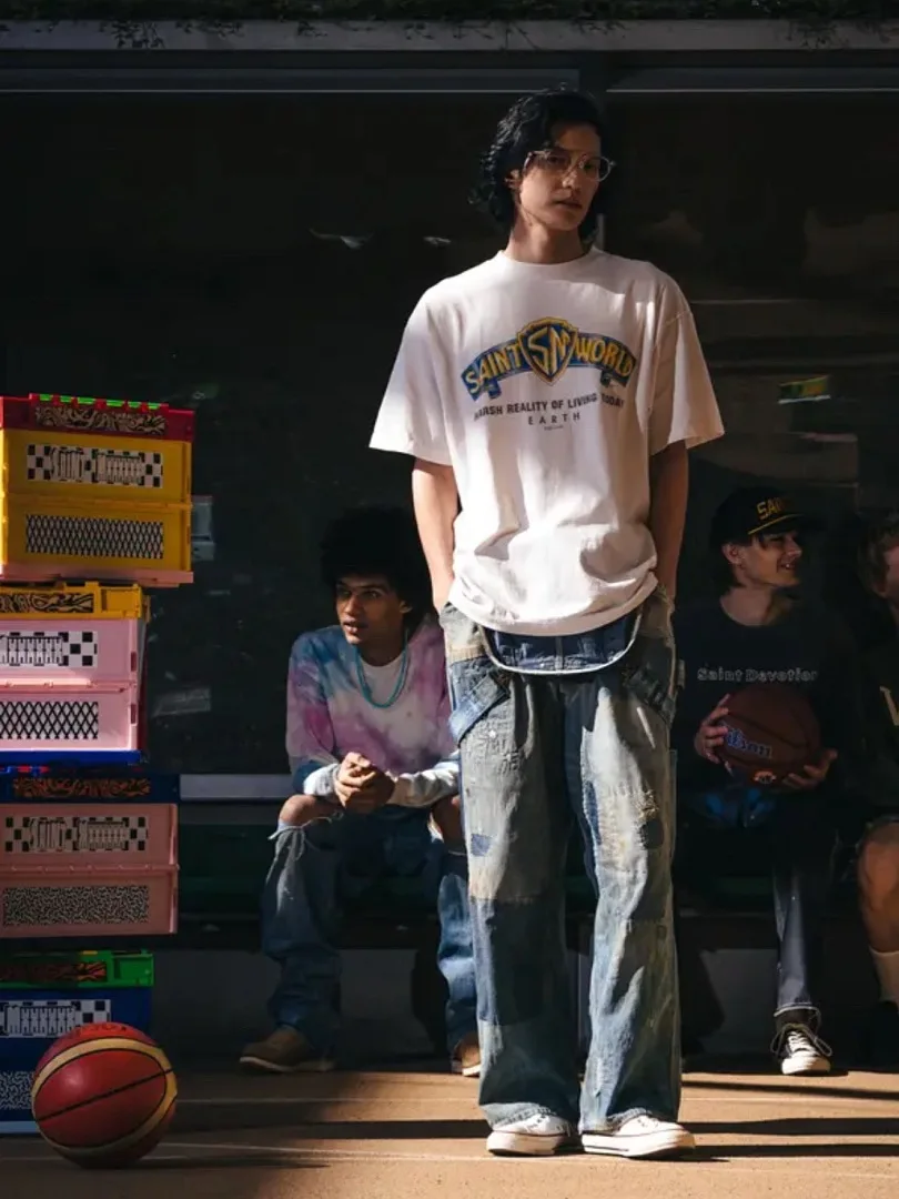 Saint White Heavyweight Boxy T-Shirt Retro SAINT WORLD Logo Print Men Women 90s Vintage Oversized Graphic Tee Summer