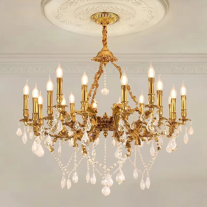 

French Luxury Lighting Crystal Copper Chandelier Villa Antique Dinning Room Fixture Brass Candle Pendant Light