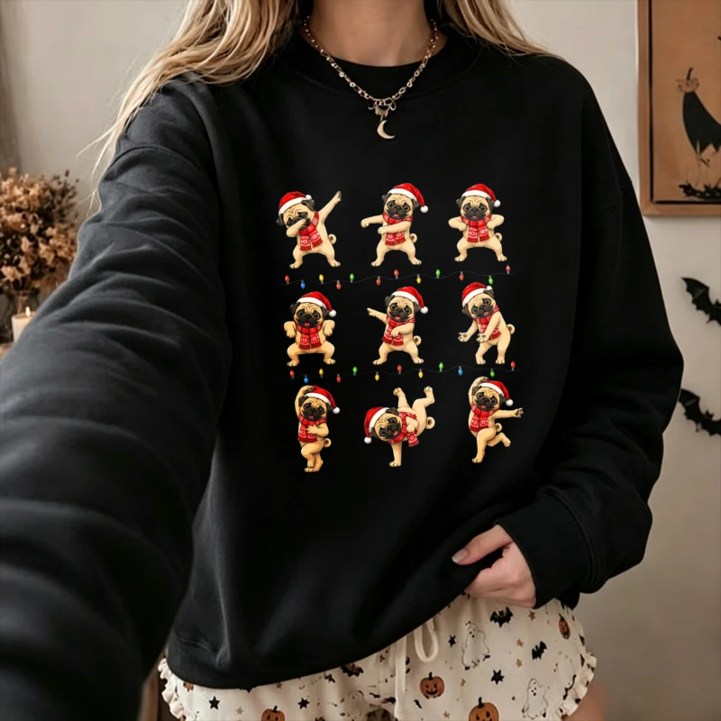 Funny Dancing Pug Dogs in Santa Hats Red Scarf Xmas Colorful String Lights Cute Cartoon Graphic Pullover Casual Christmas Tops