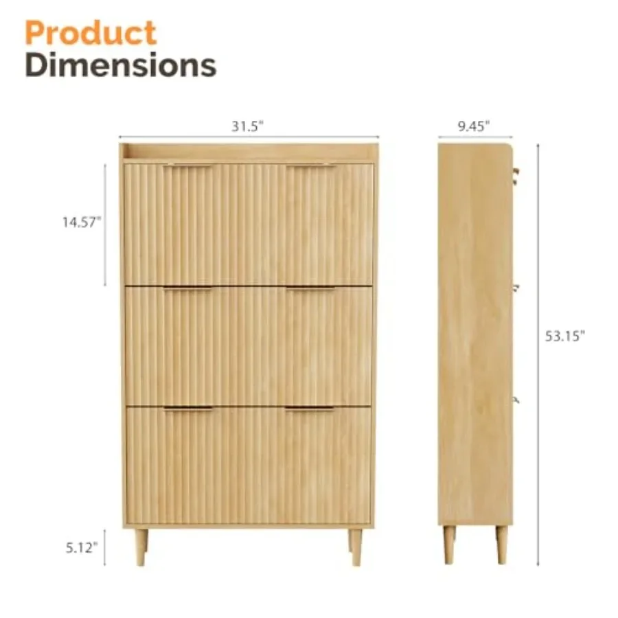 Fluted Shoe Storage Cabinet for Entryway with 3 Flip Drawers, Narrow Freestanding Wood Hidden Shoe Organizer in Oak for Foyer a