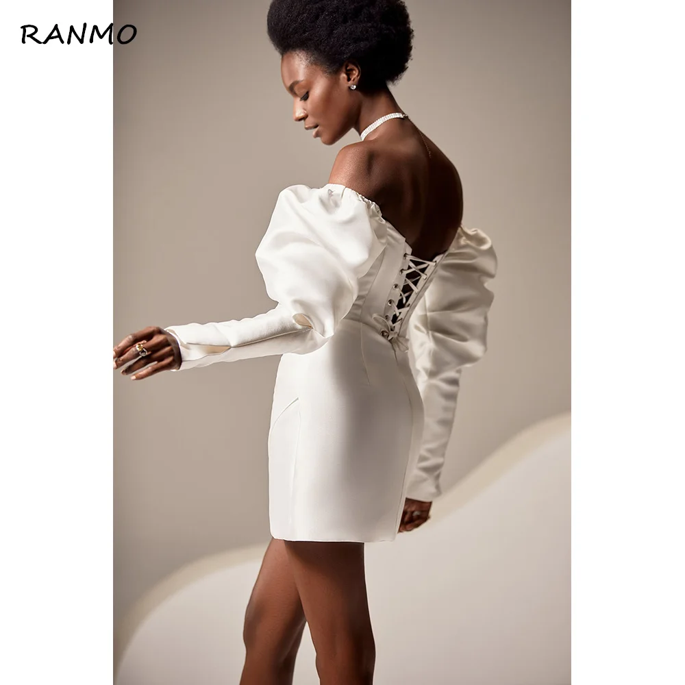 Ranmo mini vestido de casamento bainha fora do ombro inchado mangas compridas rendas até vestido de casamento curto moderno acima do joelho vestido de noiva