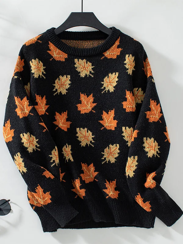 

Casual Maple Le Embroidered Sweater Thiened Winter Women's Knitted Top round Ne Long Sve Loose Fit Comfortable T-irt