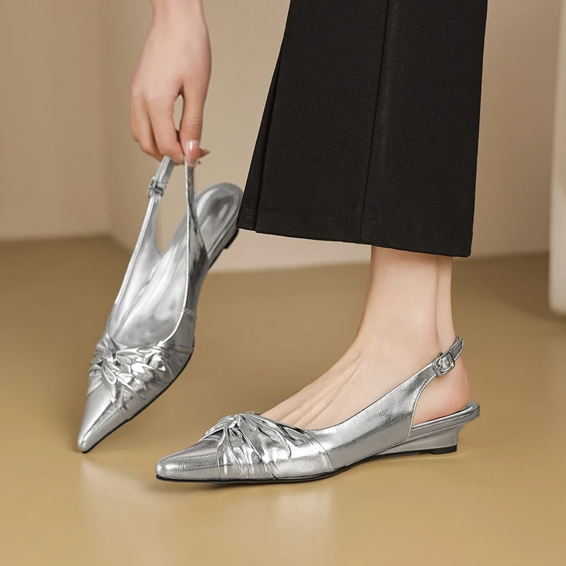 

Women's new summer genuine leather cowhide pointed toe wedge heel, loose heel, tight toe closure, Mueller shoes, fashion sandals