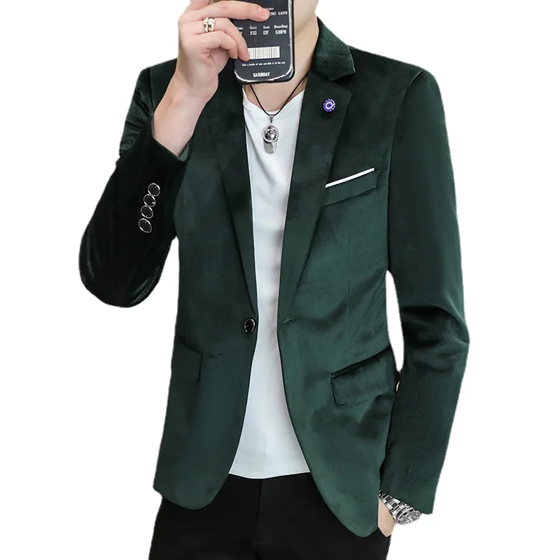 Red Slim Suit Jacket Men\'s Long Sleeve Single Button Dress Coat 2024 Spring New Teenagers Blazers Blue Green Black Male Tops