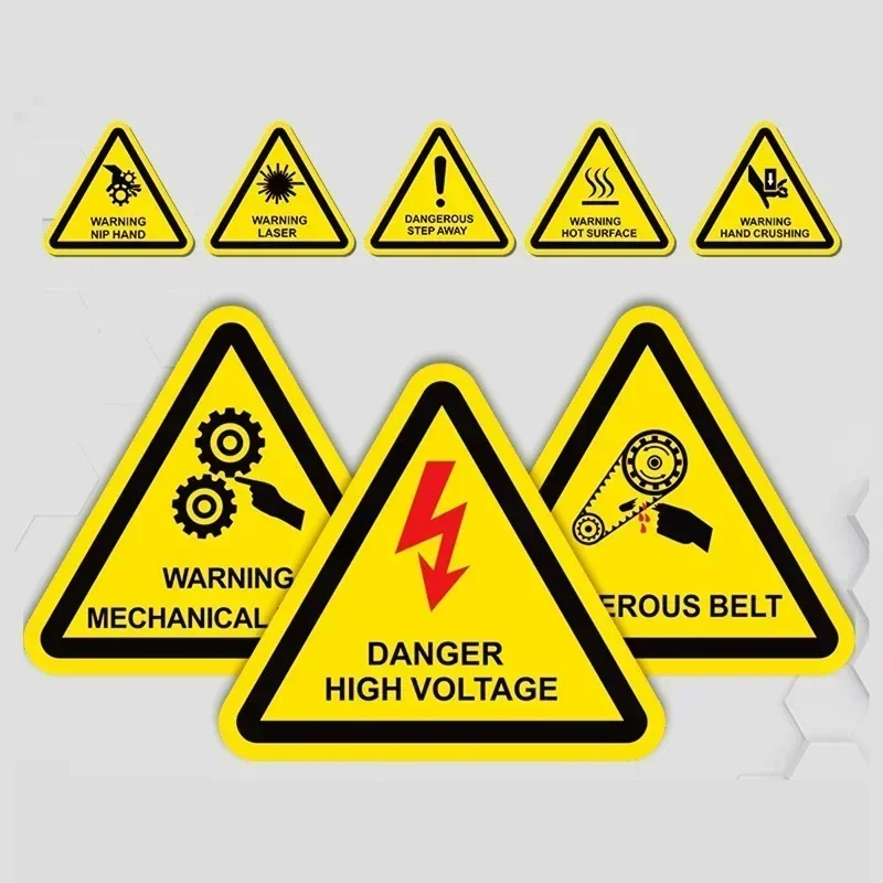 10pcs Triangle Yellow Warning Stickers English WARNING MECHANICAL INJURY Tips Waterproof Sign Caution! Identification Stickers