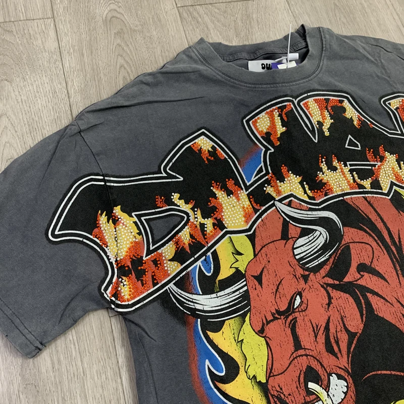 Summer Vintage Distressed DUAA Tshirts Men Women Cotton Bullfighting Pattern Rhinestone Letter Logo Short Sleeve Street Top Tees