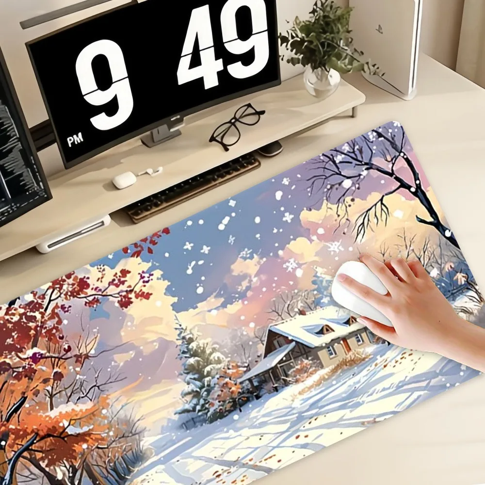 Grand tapis de table et tapis de souris sur le thème des scènes de neige hivernales, tapis de jeu pour ordinateur, tapis de souris une pièce, tapis souris xxl