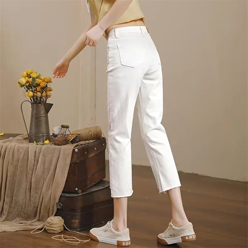 Nuevos pantalones vaqueros rectos de cintura alta para mujer, pantalones vaqueros rectos con agujeros de Color sólido 2025, pantalones vaqueros de verano para mujer