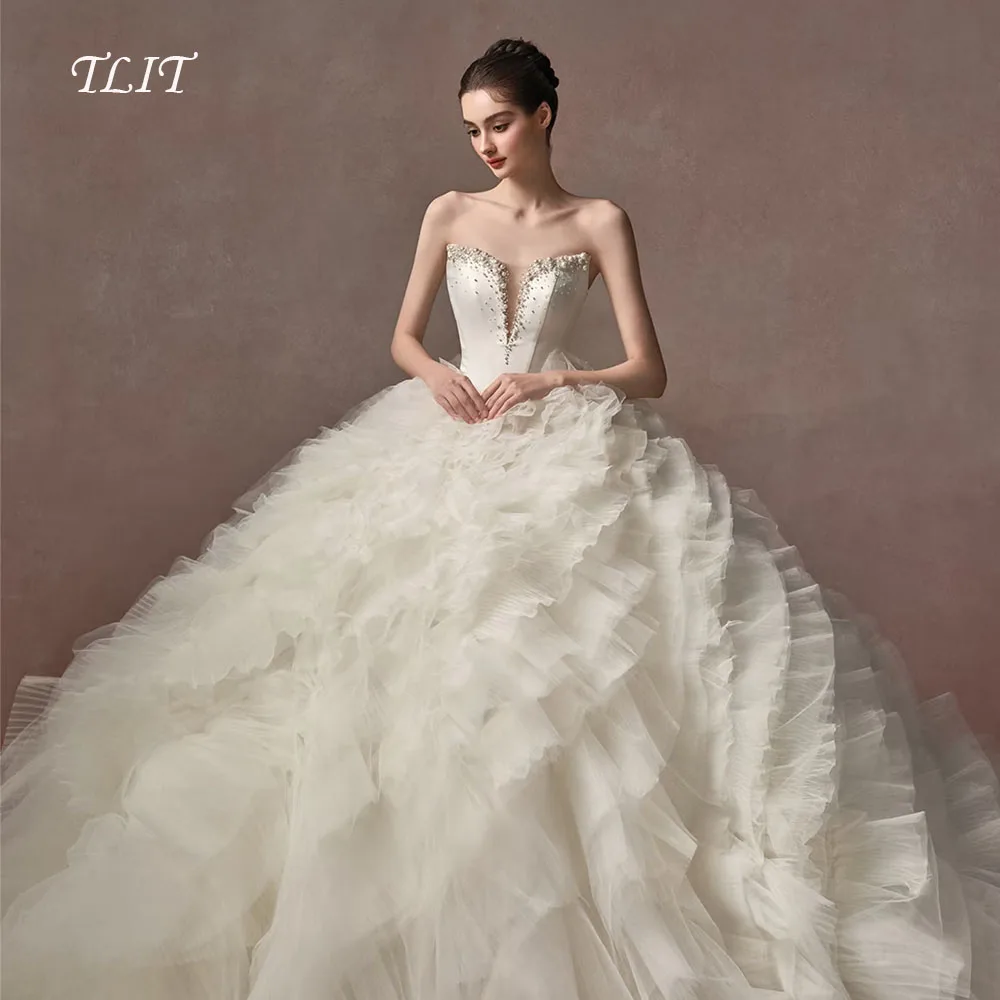 

TLIT Luxurious Satin Tiered Tulle Wedding Dresses Customized Sweetheart Crystal فساتين زفاف Appliques Bridal Gowns