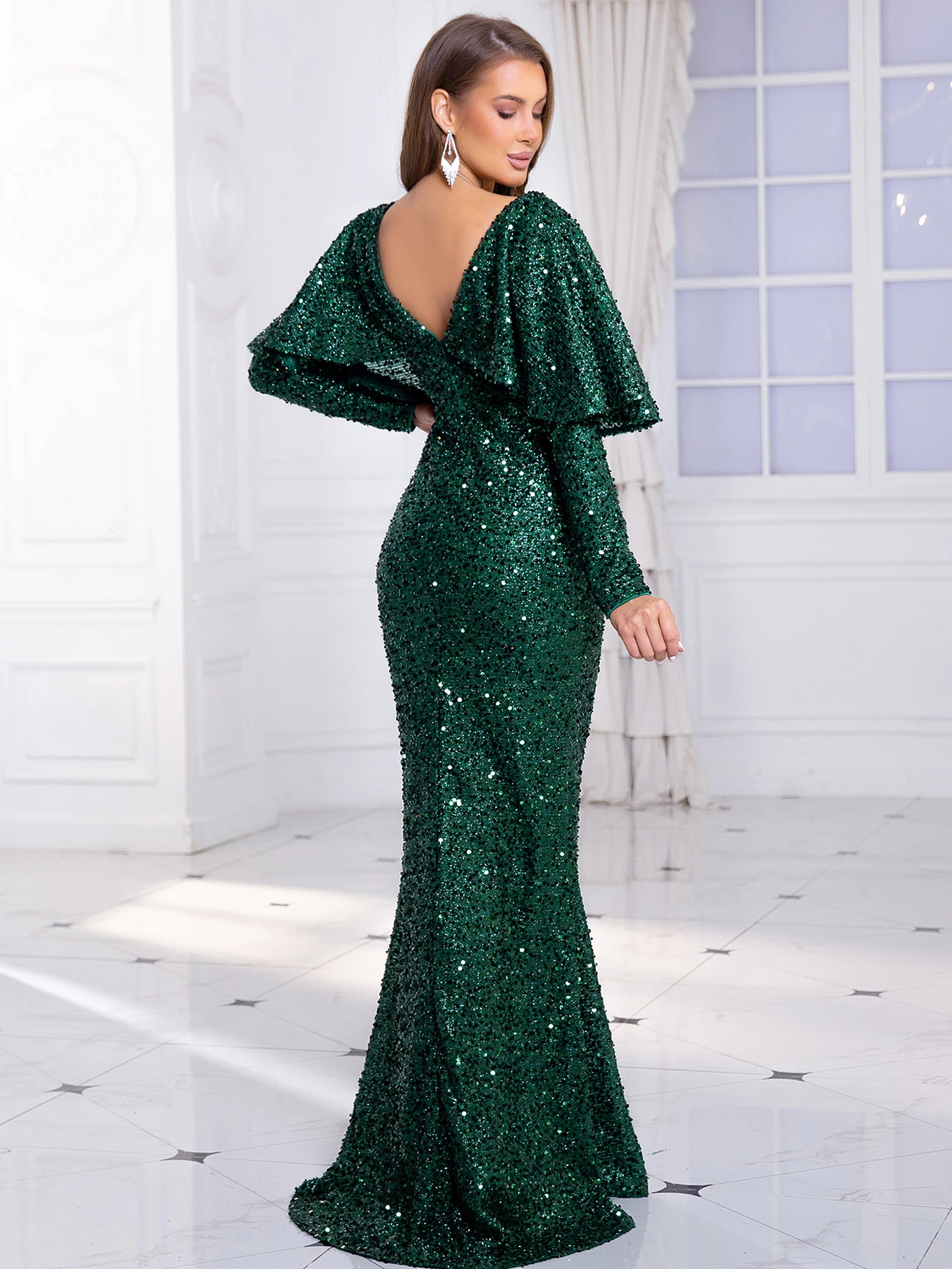 V Neck Backless Evening Party Dress Long Batwing Sleeve Floor Length Stretch Sequin Lined Elegant Women Customized Prom Gown New