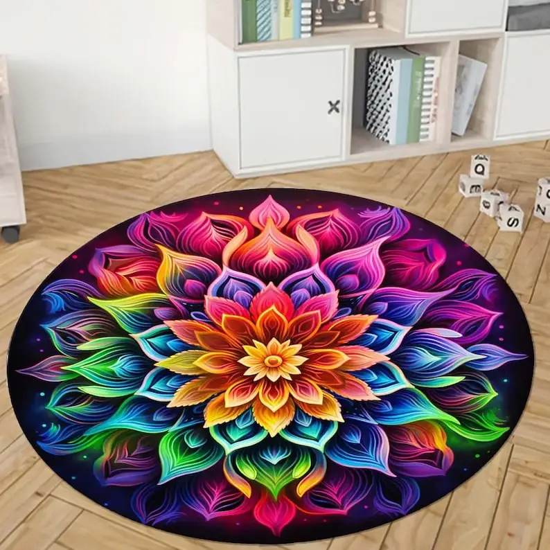 

Круглый ковер с радужной мандалой, дизайн сакральной геометрии «Цветок жизни», красочный духовный ковер для декора йоги для медитации