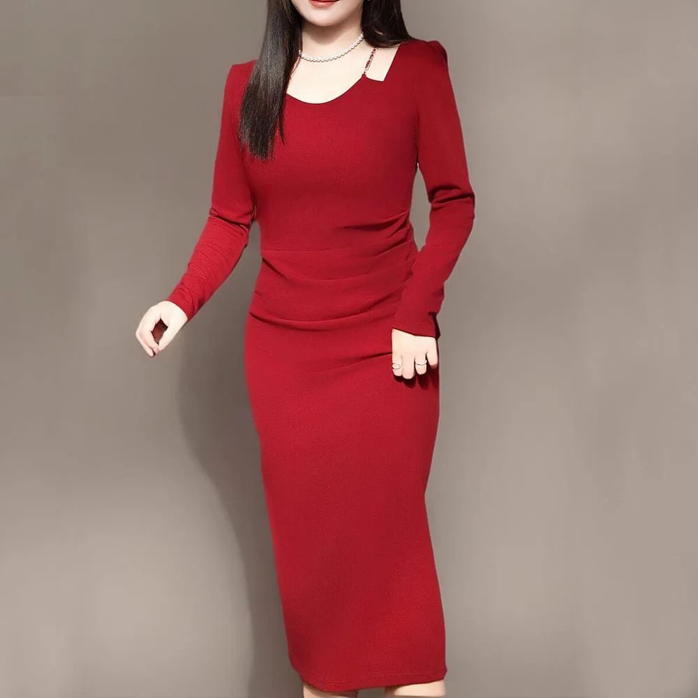 French Chain Square Collar Slim-fit Dress for Women, Puff Sleeve, Back Split Engagement Dress, Good Quality, Plus Size, Autumn