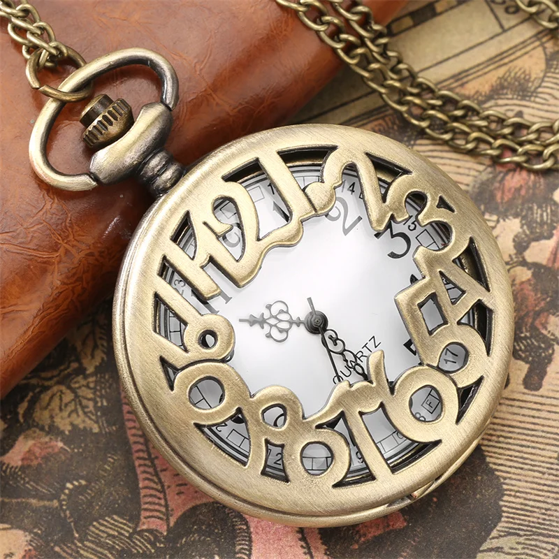 Antique Bronze Hollow Pocket Watch Large Arabic Numerals Case Antique Quartz Fob Watch with Necklace Chain for Men Women Gift