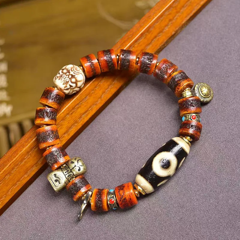 Backflow Yak Bone Beads Crafts Single-Wrap Bracelet White Agate Pseudo-Ginseng Silver Tassel Clip Accessories