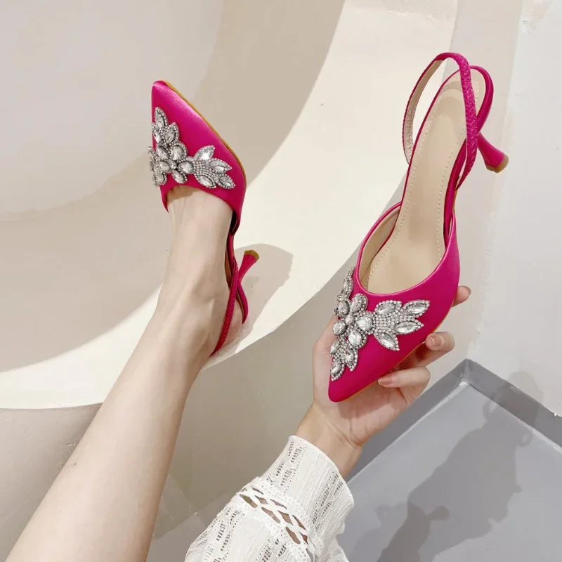 

Newest Rhinestone Flower Satin High Heel Sandals Pointed Square Button Party Shoes 2024 Spring Women's Shoes Size 35-41 Pumps