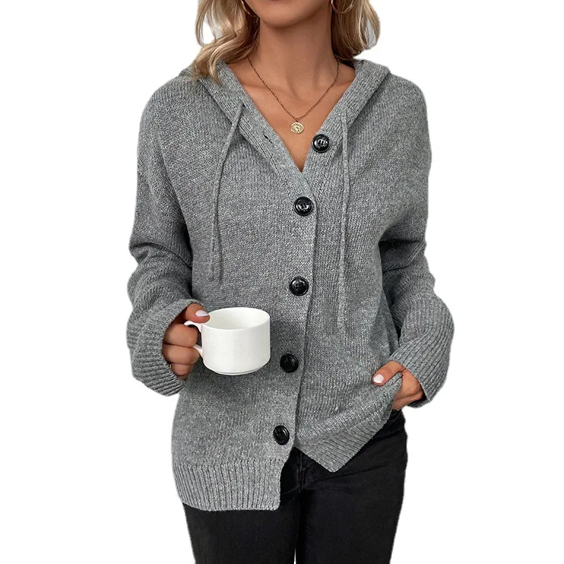 Women Autumn and Winter New Hooded Drawstring Cardigan Sweater Solid Color Button Splicing Long Sleeves Coat